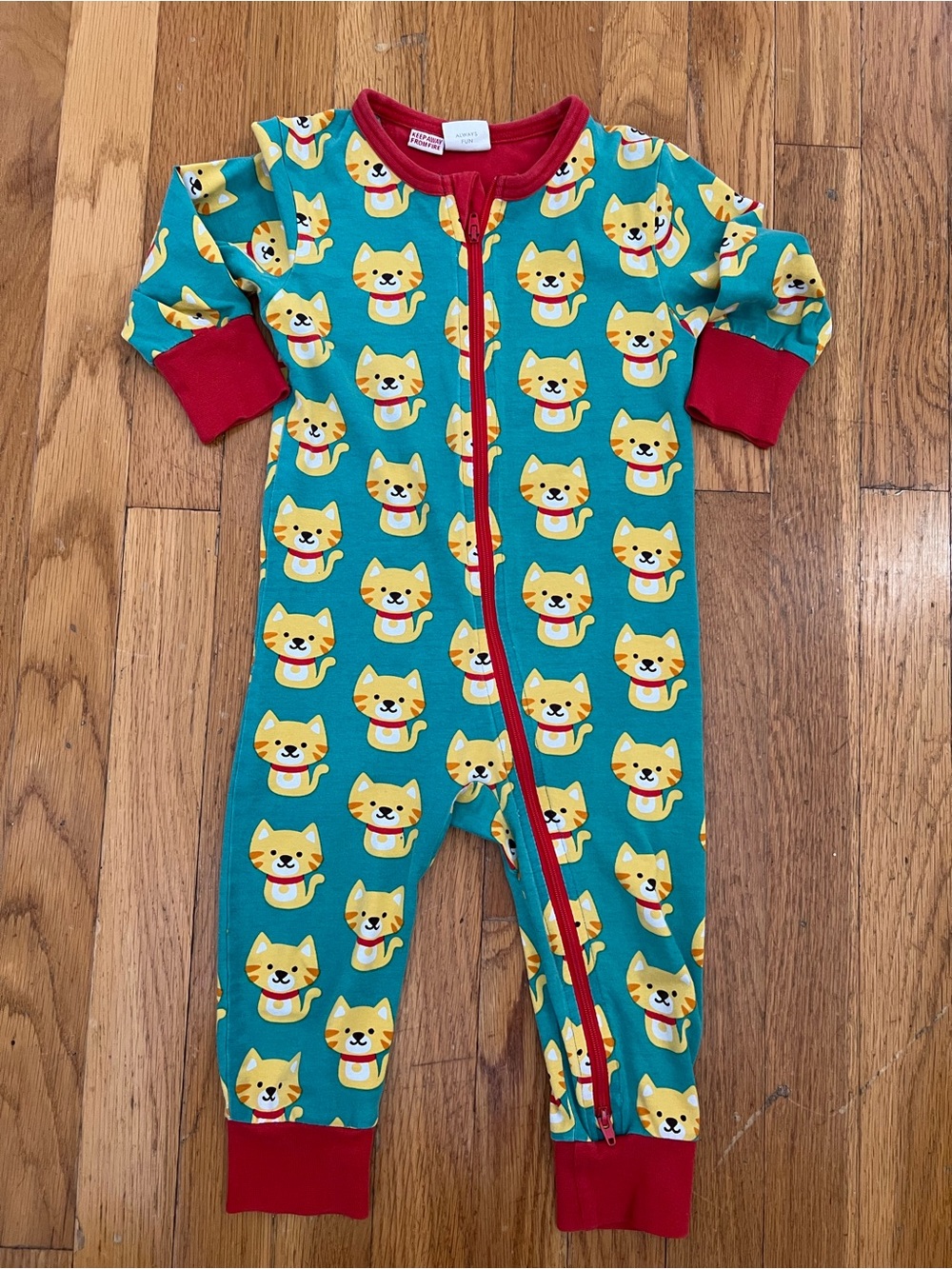 Maxomorra 9-12mo Teal Cat Print One-Piece Pajamas with Red Trim